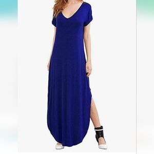 Women's V-Neck Casual Loose Short Sleeve Long T-Shirt Split Maxi Dress